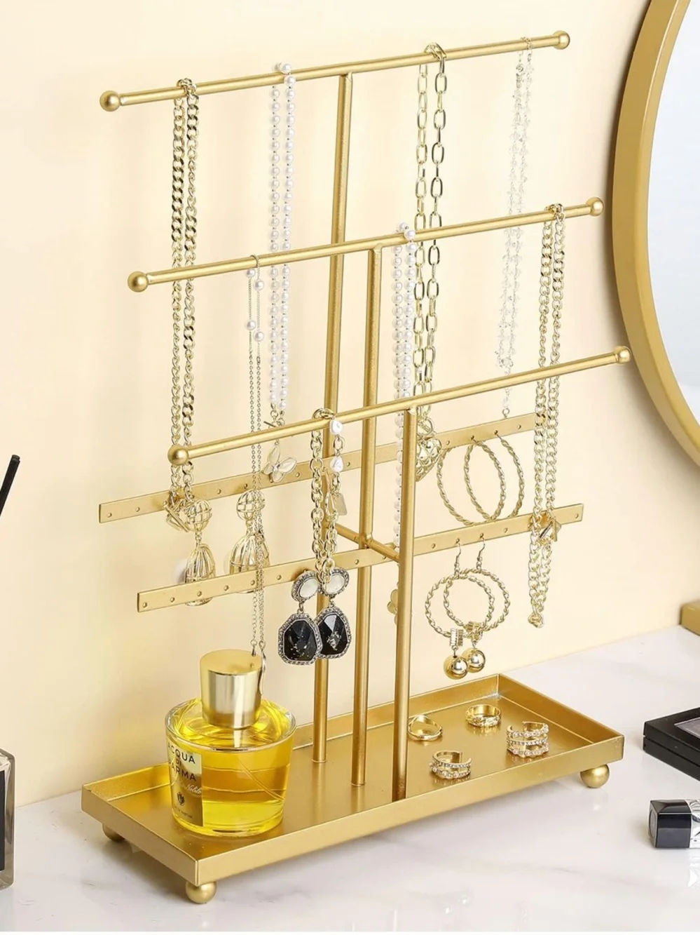MyGift 5-Tier Gold Metal Jewelry Organizer Stand with Earring Hooks & Ring Tray